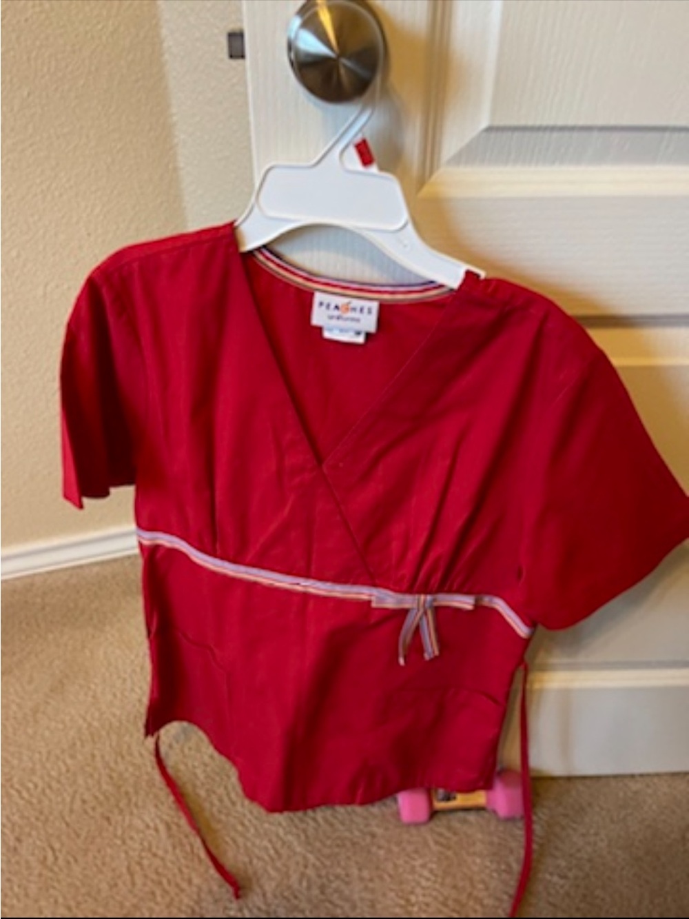 Peaches Uniforms Red Wrap Scrub Top with Contrast Tie